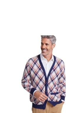Club Room Men's Bright Plaid V-Neck Cardigan Sweater Blue Size L - NWT